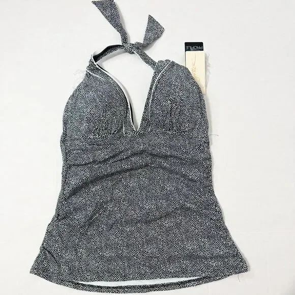 Profile By Gottex NWT Sz 14 Black White Colette V-Neck Halter Tankini Swim Top